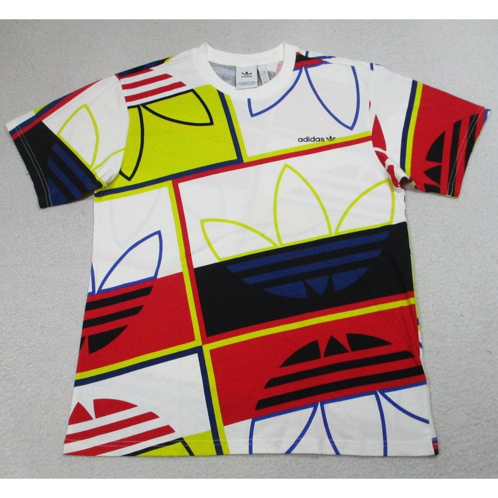 Adidas Shirt Mens Large White Multicolor Trefoil Graphic All Over‎ Print